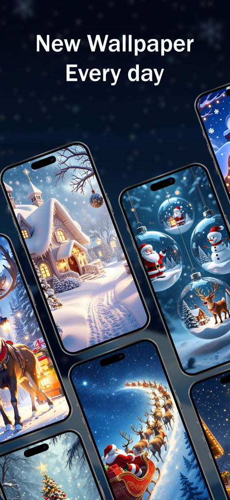 A collection of festive Christmas and holiday-themed wallpapers displayed on multiple iPhone screens