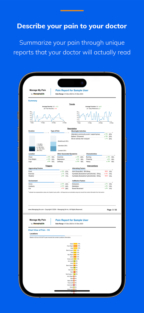 Manage My Pain - Un informe detallado de dolor crónico dentro de la aplicación Manage My Pain que muestra tendencias de síntomas y desencadenantes para consultas médicas
