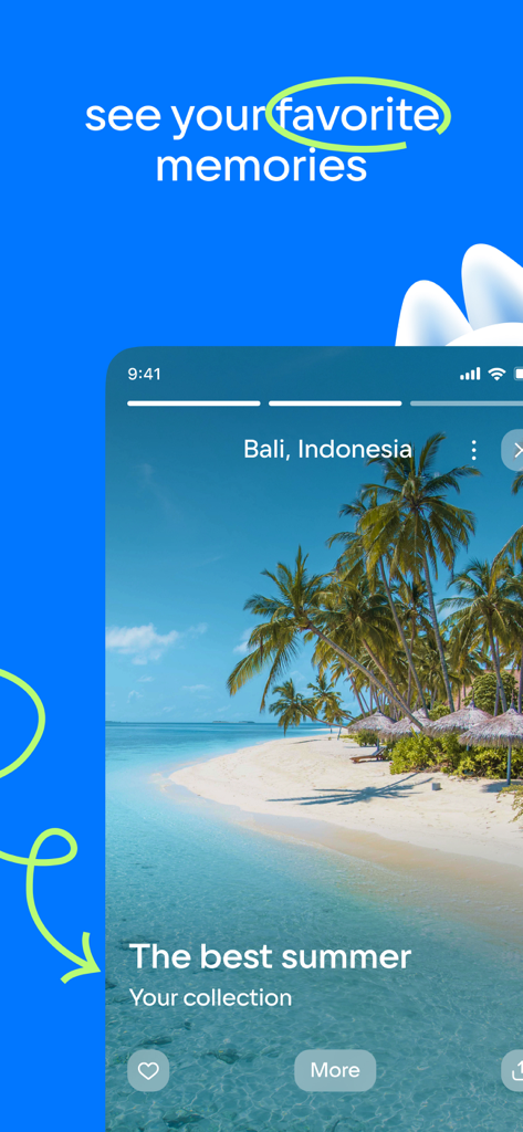 A mobile app screenshot showing a photo collection of a beach in Bali titled The best summer within a cloud storage interface.