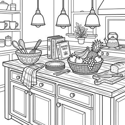 Bring your dream kitchen to life with this delightful coloring page designed especially for seniors. Featuring a detailed kitchen island, it offers large, clear outlines perfect for a relaxing and engaging creative session.