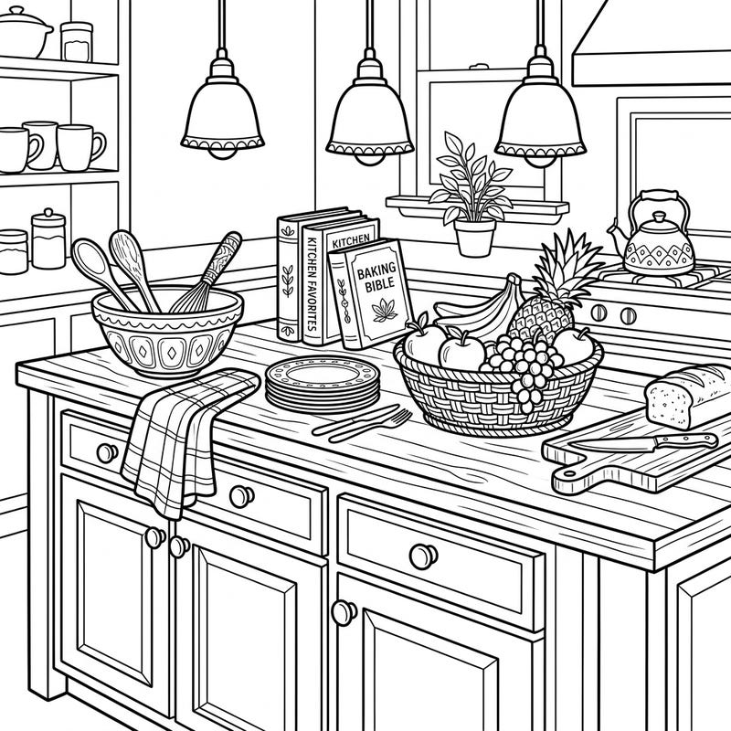 Bring your dream kitchen to life with this delightful coloring page designed especially for seniors. Featuring a detailed kitchen island, it offers large, clear outlines perfect for a relaxing and engaging creative session.