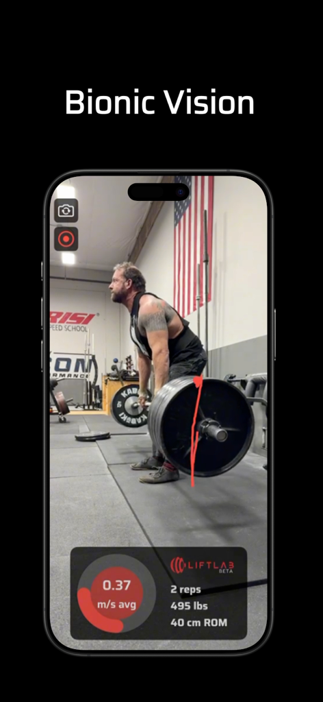 LiftLab - Optimized Training - Smartphone showing LiftLab Bionic Vision interface tracking deadlift bar path and velocity data