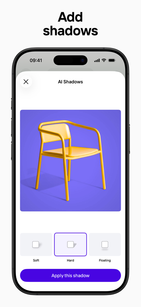 プロフェッショナルな製品編集のためのPhotoroom AIシャドウ機能を表示するスマートフォン画面