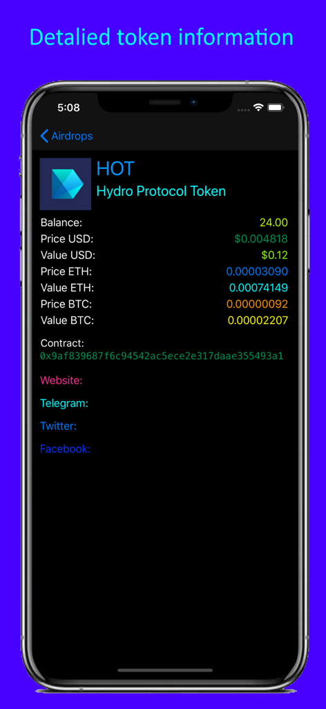 Schermata dei dettagli del token che mostra il saldo e i prezzi in USD, ETH e BTC