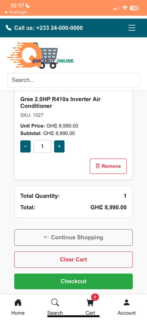 QuickBuy Online - QuickBuy Online app shopping cart showing an air conditioner with a checkout button