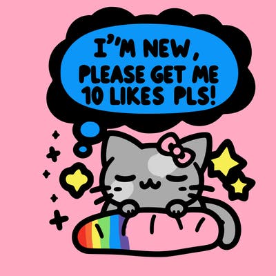 kitty taking a nap dream talking and saying "i'm new, please get me at least 10 likes pls!!"