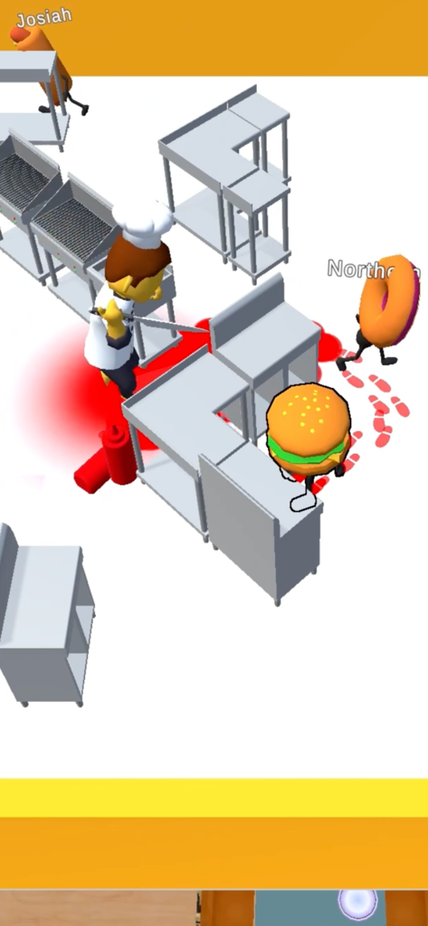 Um hambúrguer e um donut a esconderem-se de um chef num ambiente de cozinha 3D