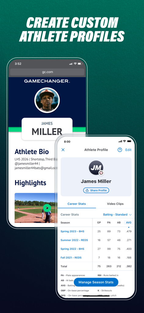 GameChanger app screens displaying custom athlete profiles with career stats and video highlights