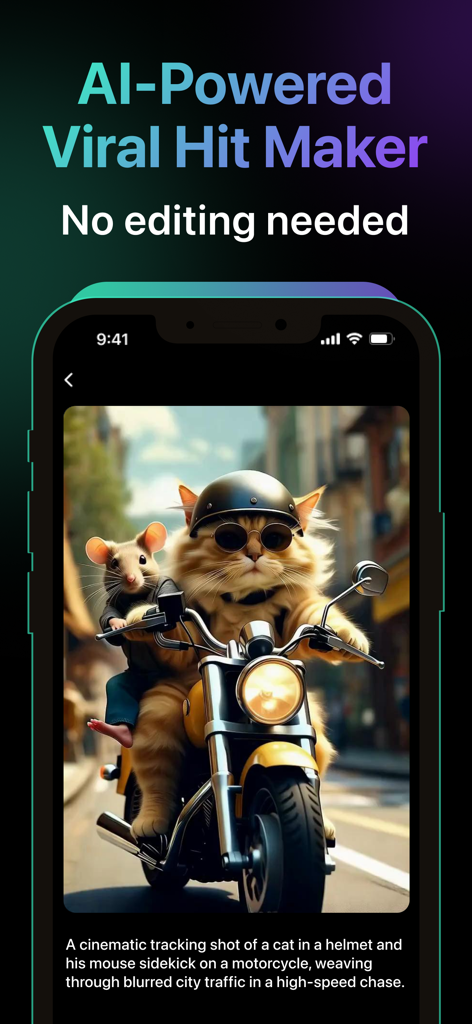Vixa – AI Video Generator - A cinematic AI-generated video of a cat in a helmet and a mouse sidekick riding a motorcycle through city traffic