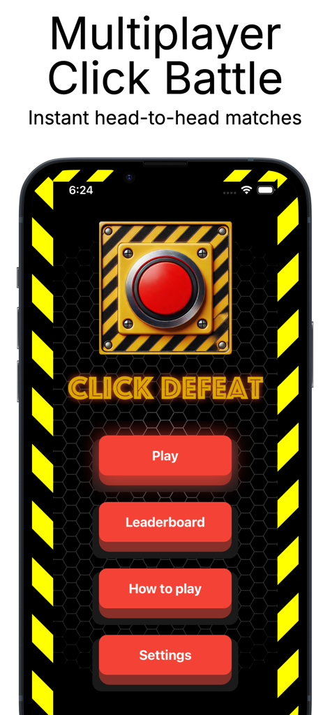 Click Defeat: Red Button Duels - The home screen of the Click Defeat mobile app showing a prominent red button and menu options for multiplayer tap battles.