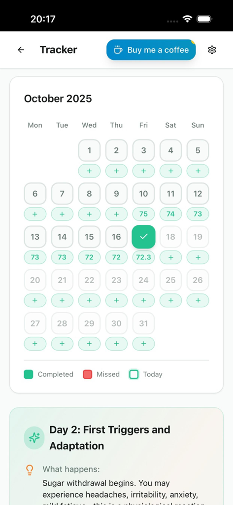 Calendar view of the No Sugar 30 Days app showing daily progress and weight tracking