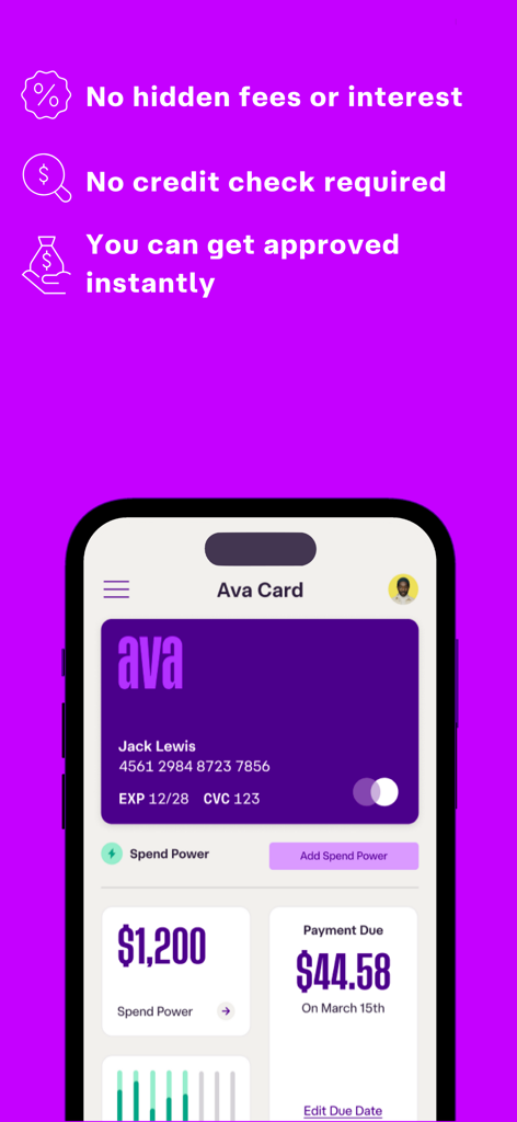 Ava: Build Credit History Fast - Pantalla de la aplicación Ava que muestra los detalles de la tarjeta Credit Builder y beneficios como sin verificación de crédito y aprobación instantánea.