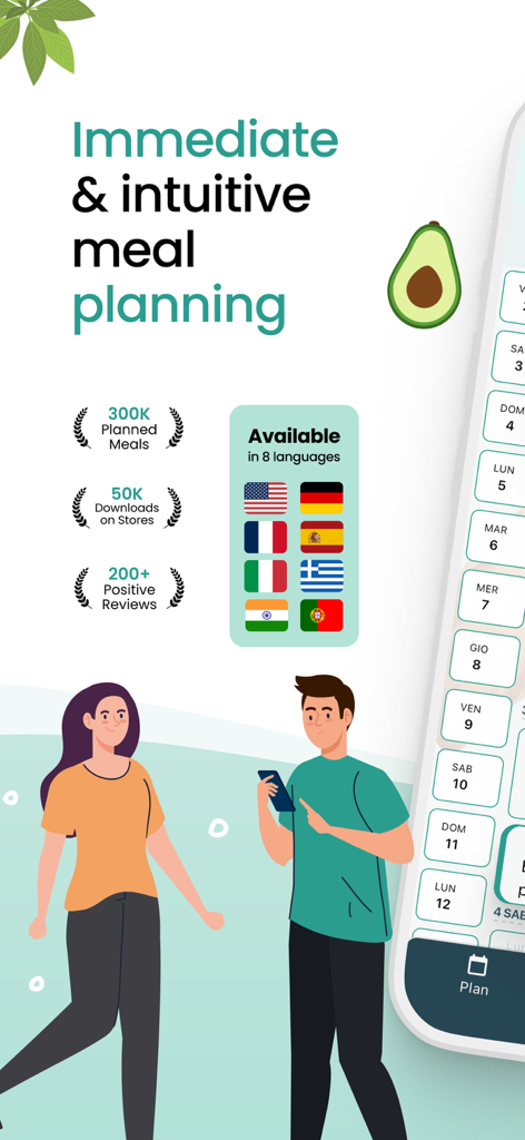 Weekly Menu - Wochenmenü-App-Promo-Bildschirm, der intuitive Speiseplanungsstatistiken und Flaggen für die Mehrsprachigkeit zeigt