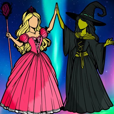 detailed realistic split of a princess and a witch