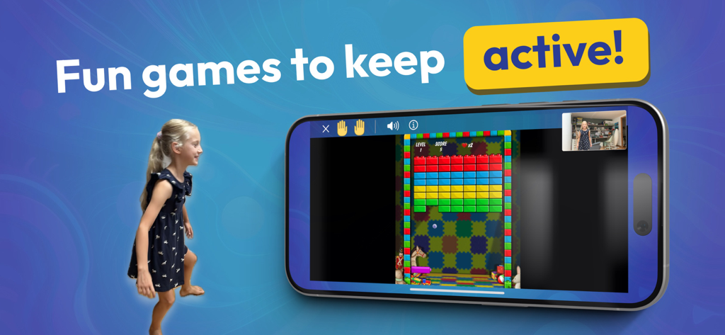 MovePlay Active Games for Kids - A young girl playing a motion-controlled brick-breaking game on a smartphone screen.