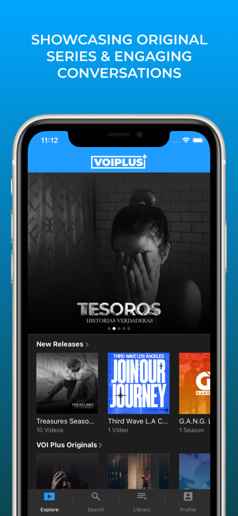 VOI Plus - Interface do aplicativo móvel VOI Plus exibindo séries originais e conversas envolventes baseadas na fé.
