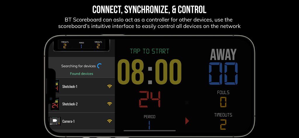 BT 농구 스코어보드 앱 인터페이스가 스마트폰에서 다중 장치 동기화 및 원격 제어 기능을 보여줍니다.