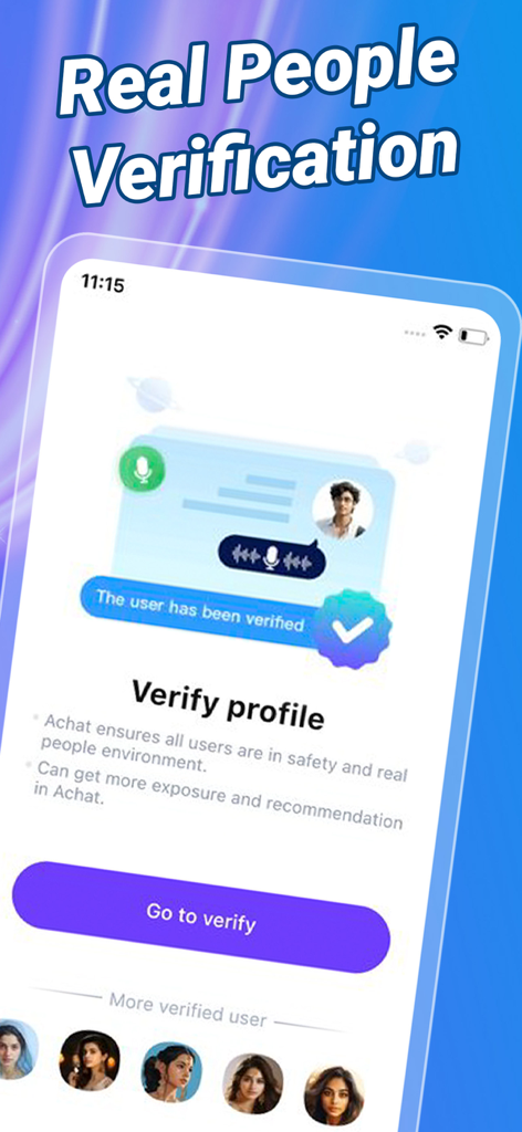 Achat- Live Chat& Make Friends - Achat app screen showing the real people verification process for safe social networking.