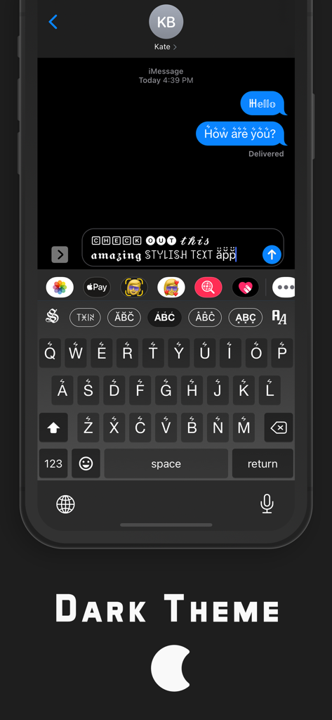 Stylish Text fonts keyboard app showing a dark theme interface with decorative text styles in an iMessage conversation