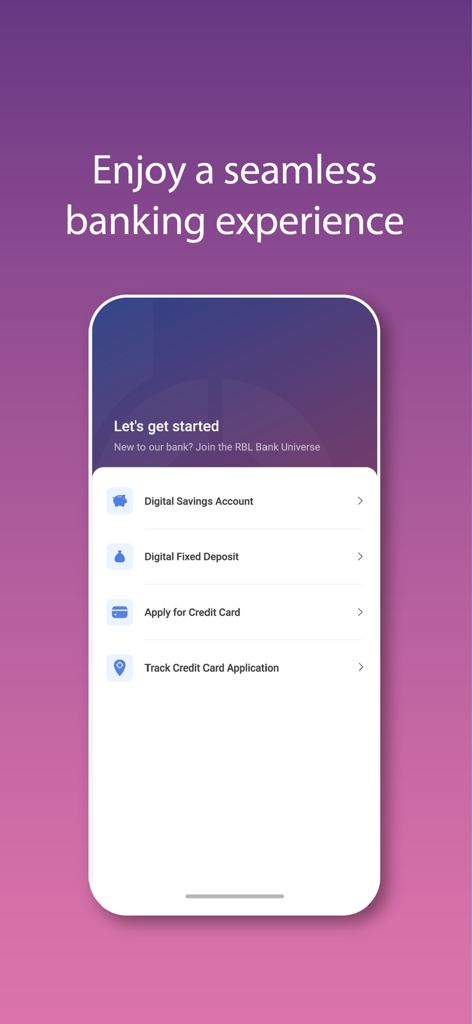 RBL MyBank (Prev. RBL MoBank) - RBL MyBank mobile app welcome screen showing menu options for opening digital savings accounts and applying for credit cards.