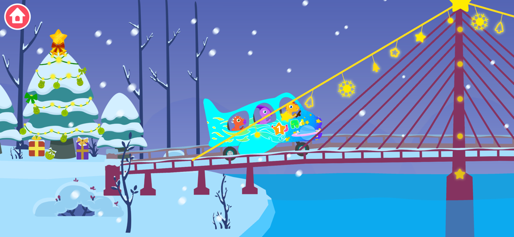 Un bus dinosaure bleu traversant un pont décoré dans un paysage hivernal enneigé avec un arbre de Noël et des cadeaux.