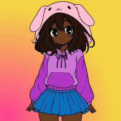 pretty anime girl wearing a fluffy hoodie with bunny ears on the hood and a skirt