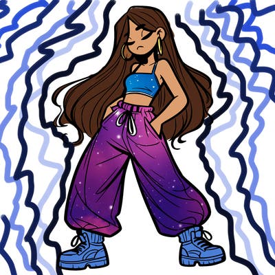 girl in baggy pants crop top and long hair