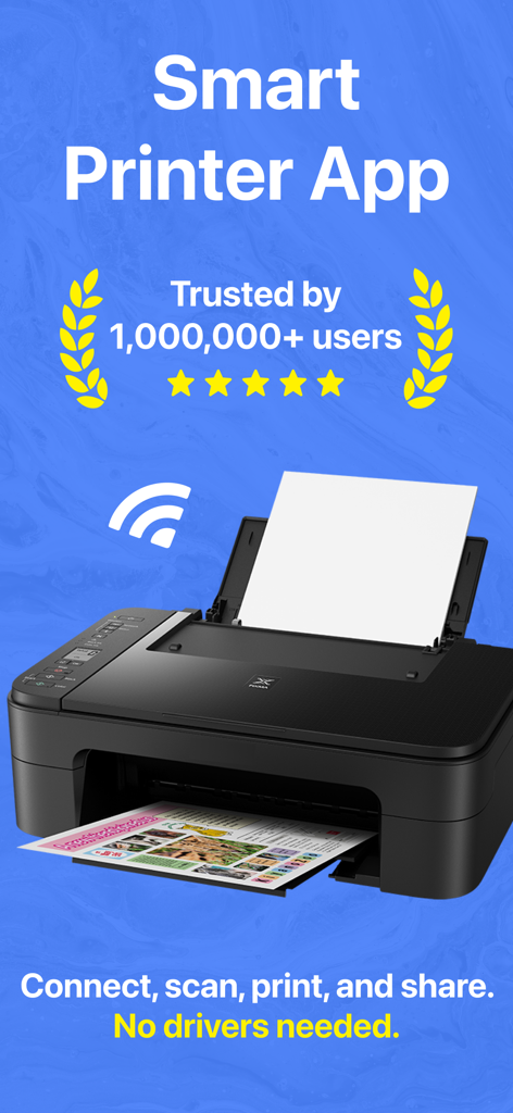 Banner promocional do Smart Printer App mostrando uma impressora sem fio com uma classificação de cinco estrelas e texto indicando que não são necessários drivers