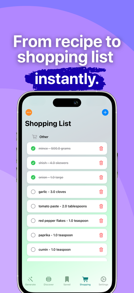 Monsavor - AI Powered Recipes - A smartphone displaying a digital shopping list within the Monsavor AI powered recipe app