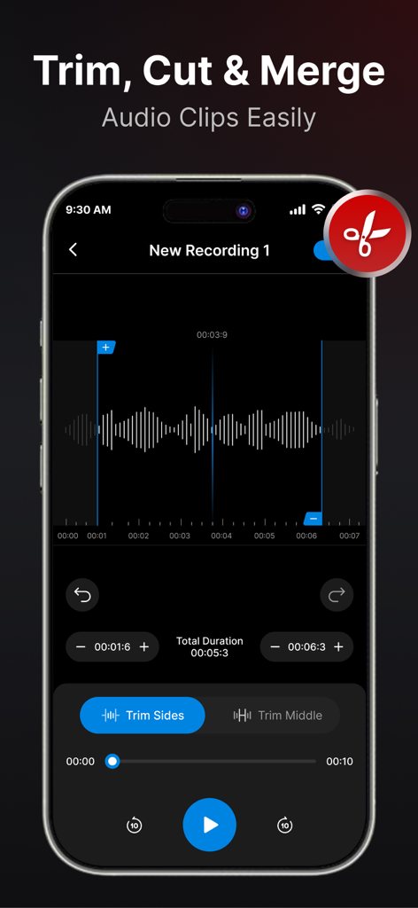 Voice Recorder : Voice Memos - Pantalla de la aplicación Grabadora de Voz para recortar, cortar y fusionar clips de audio con herramientas de edición de forma de onda