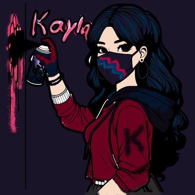 realistic girl with mask spray painting a wall