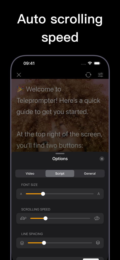 Teleprompter app interface showing script options and auto scrolling speed control