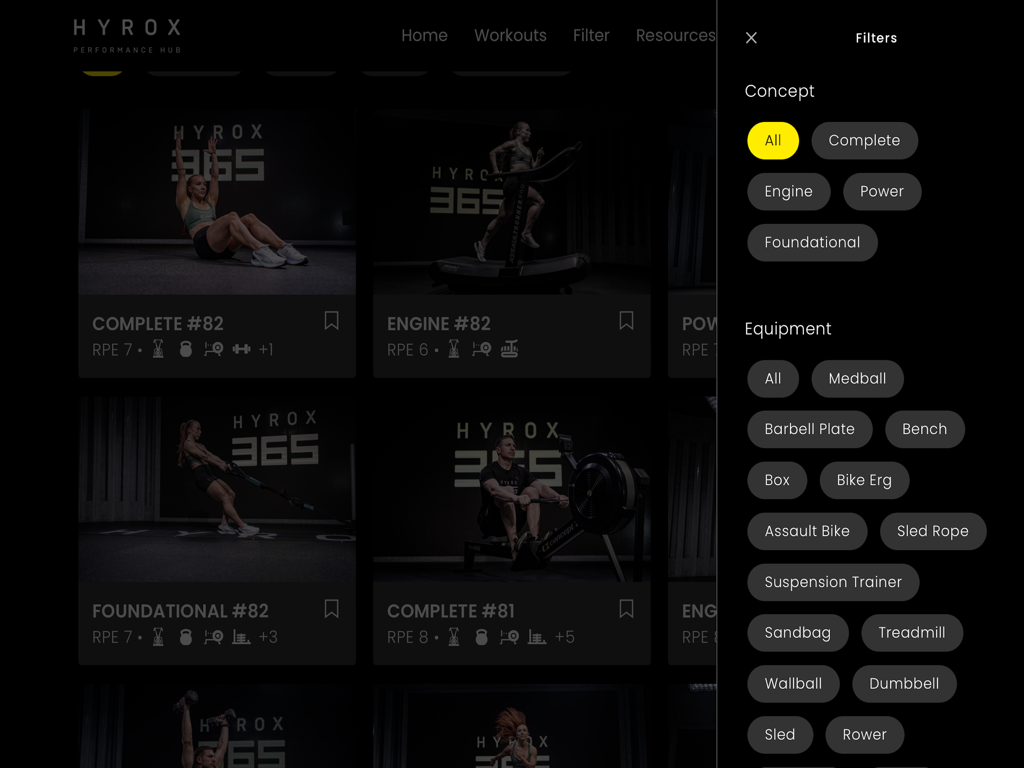 HYROX Performance Hub app interface showing a workout library and a sidebar with equipment and concept filters.