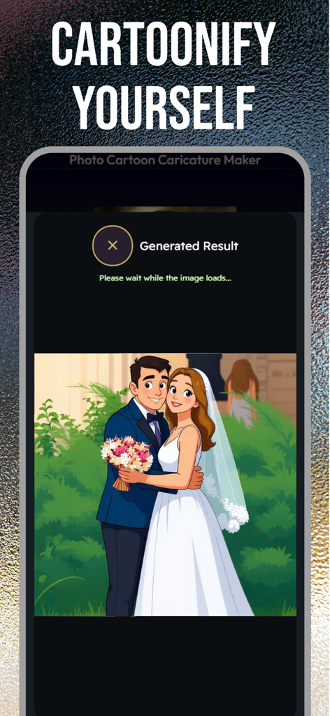 Caricature Maker - Toon Me Art - An AI generated cartoon illustration of a bride and groom on a smartphone screen