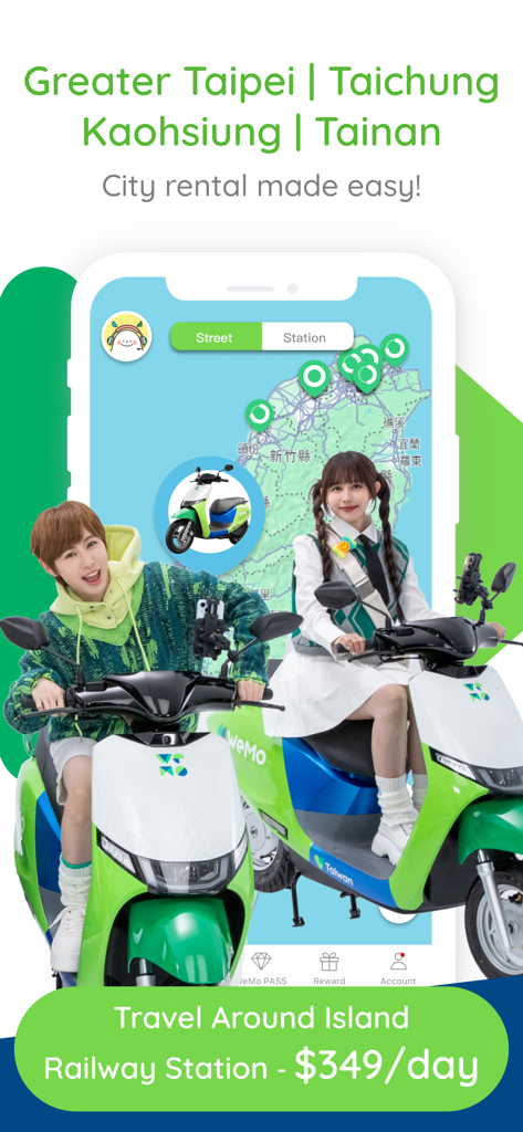 WeMo Scooter mobile app showing electric scooter rental locations and daily pricing in Taiwan cities