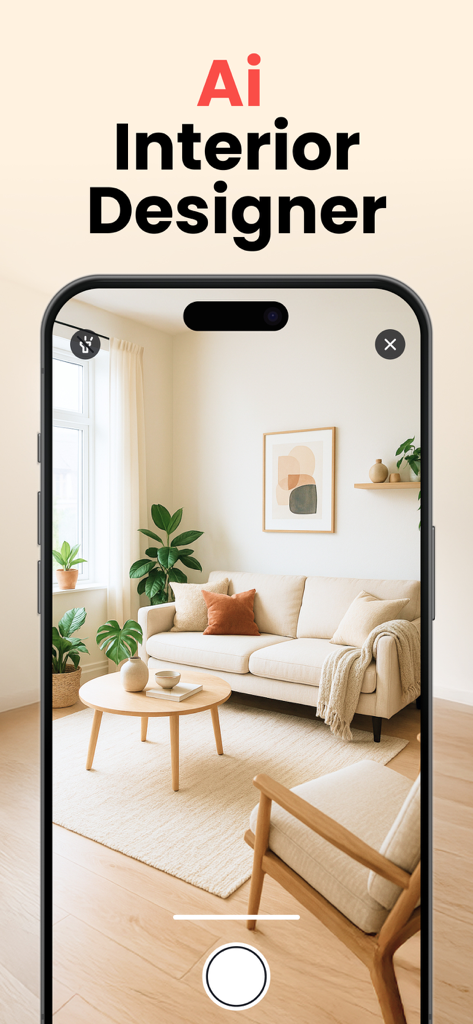 Pantalla de smartphone mostrando la aplicación Home Decor Designer con un diseño de sala de estar moderna generado por IA