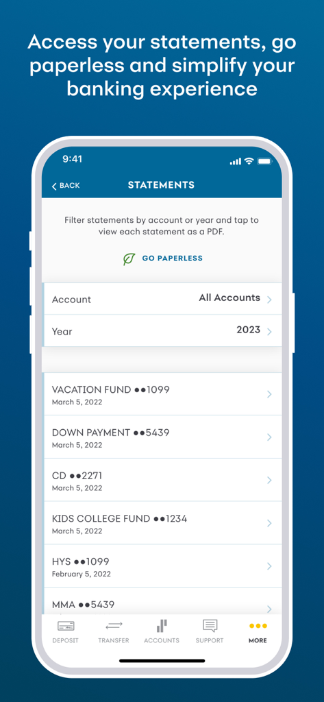 Synchrony Bank - Eine Mobile-App-Oberfläche zur Anzeige digitaler Kontoauszüge, geordnet nach spezifischen Sparkonten wie Urlaubsgeld und Studienfonds.