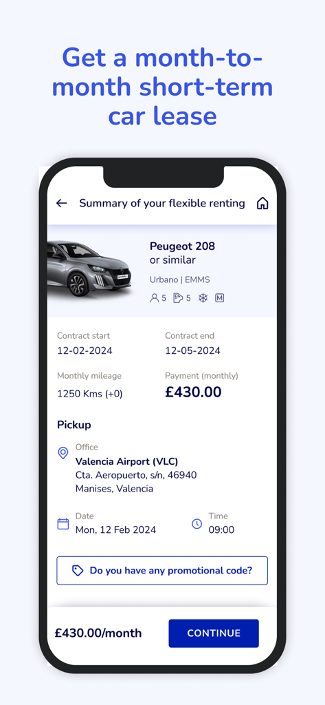 OK Mobility - Résumé d'un leasing de voiture mois par mois pour une Peugeot 208 à l'aéroport de Valence sur l'application OK Mobility