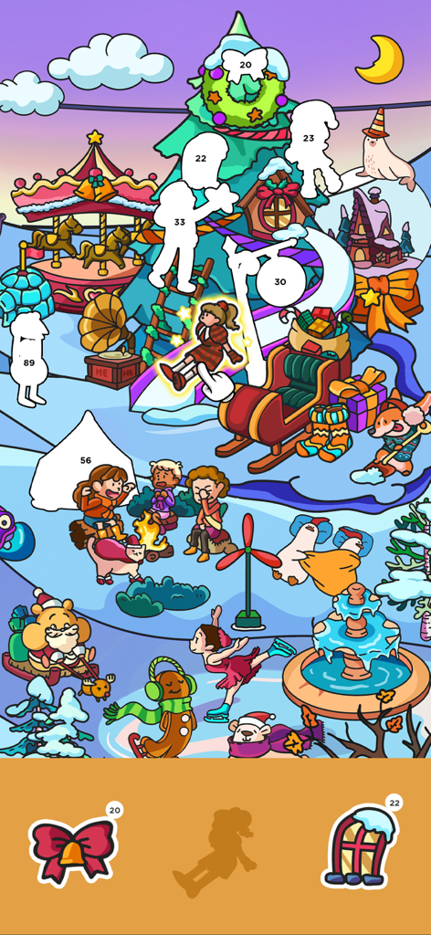 Stickers Diary - ASMR puzzle - A winter themed sticker puzzle scene with a Christmas tree and ice skaters