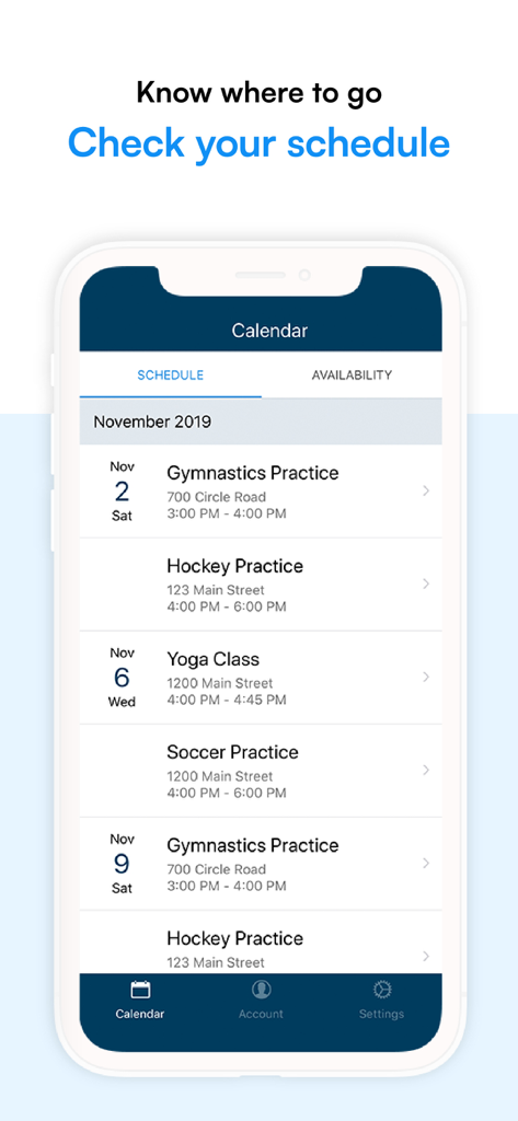 Amilia - Amilia app schedule screen showing dates and times for gymnastics, hockey, yoga, and soccer activities.