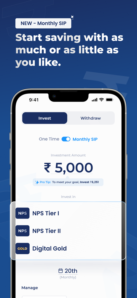 NPS by PensionBox - Mobile app screen for NPS by PensionBox showing monthly SIP investment setup for NPS Tier I, Tier II, and Digital Gold