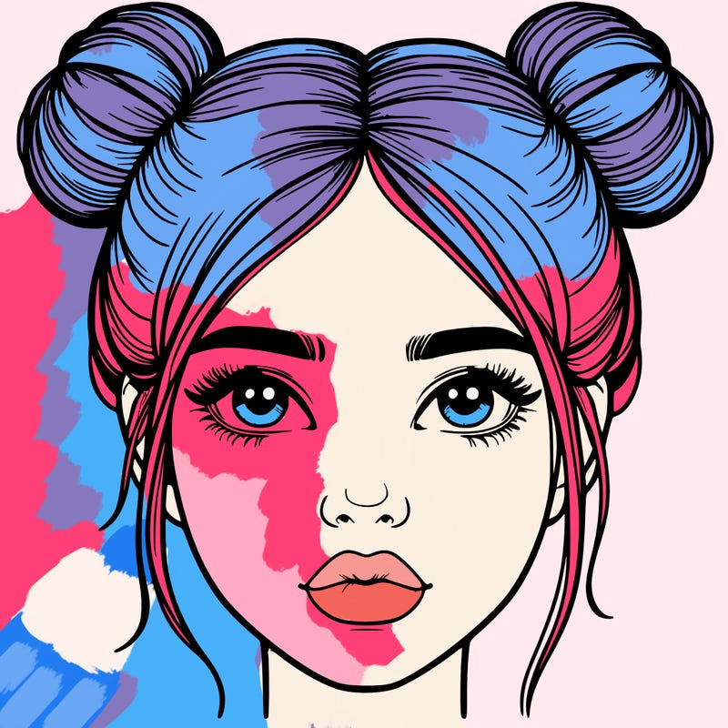 realistic girl with two buns on her hair and lips