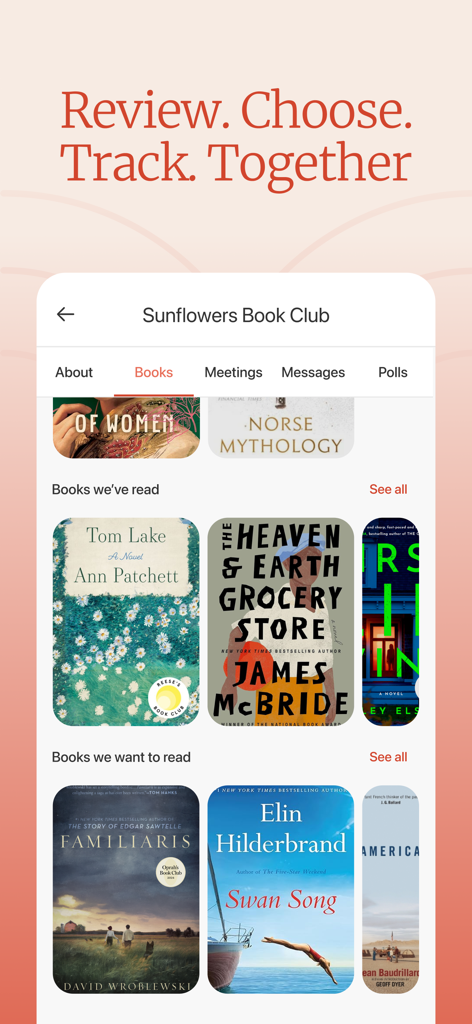 Bookclubs app interface showing books read and wishlist for a book club group.
