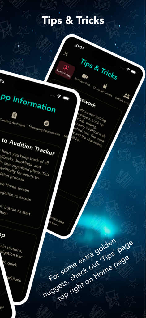 Audition Tracker - Interface of the Audition Tracker app showing the Tips and Tricks section for actors with audition prep and self tape advice