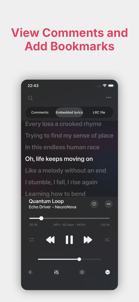 Aplicativo móvel Evermusic Pro mostrando letras incorporadas e controles de reprodução de música