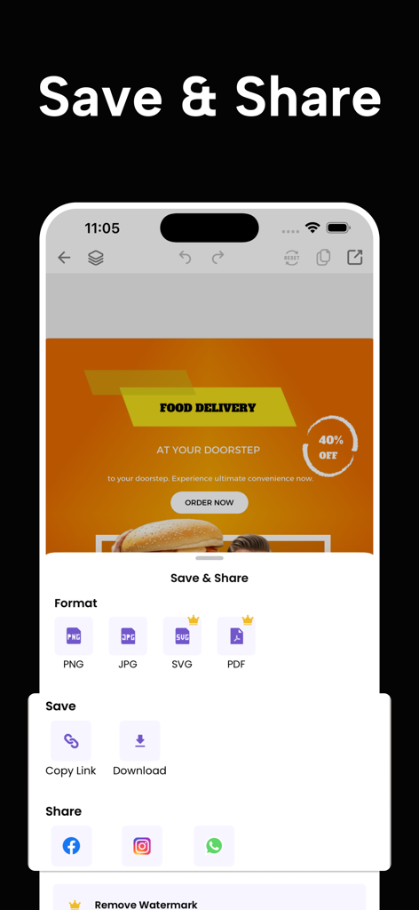 AI Poster Maker: DrawPost - Écran Enregistrer et Partager dans l'application AI Poster Maker montrant les formats d'exportation et les options de médias sociaux