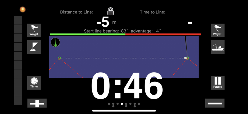 iRegatta Pro - iRegatta Pro interface showing sailing regatta start line countdown timer and distance to line