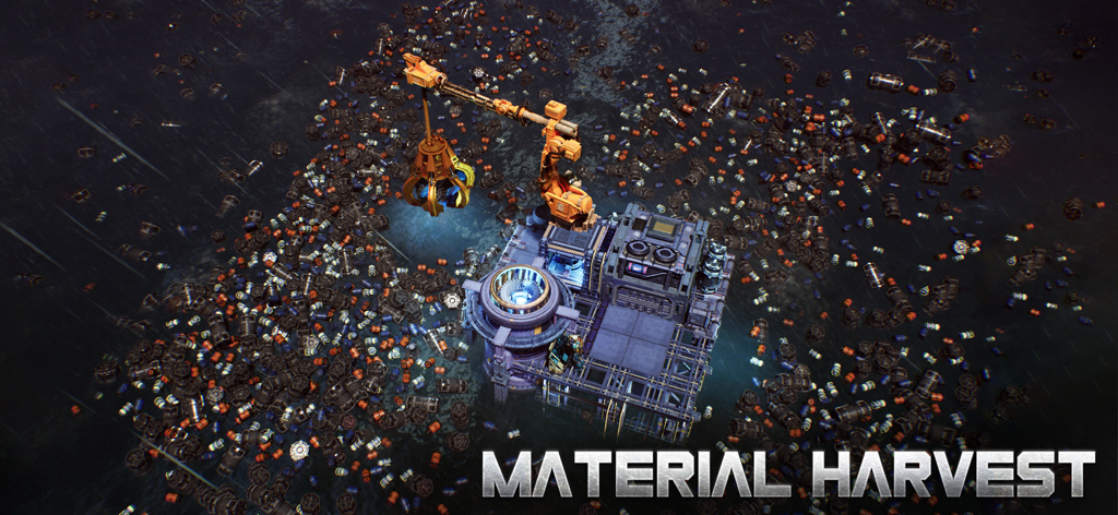 Une base de science-fiction avec une grue mécanique récoltant des matériaux à partir d'un champ de débris dans Marsaction 2 Space Homestead