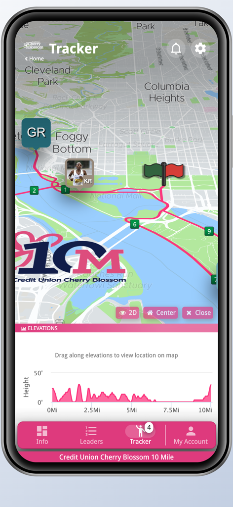 Cherry Blossom 10 Mile & 5K - Bildschirm der mobilen App, der eine Echtzeit-Rennkarte und ein Höhenprofil des Kurses für einen 10-Meilen-Lauf zeigt.