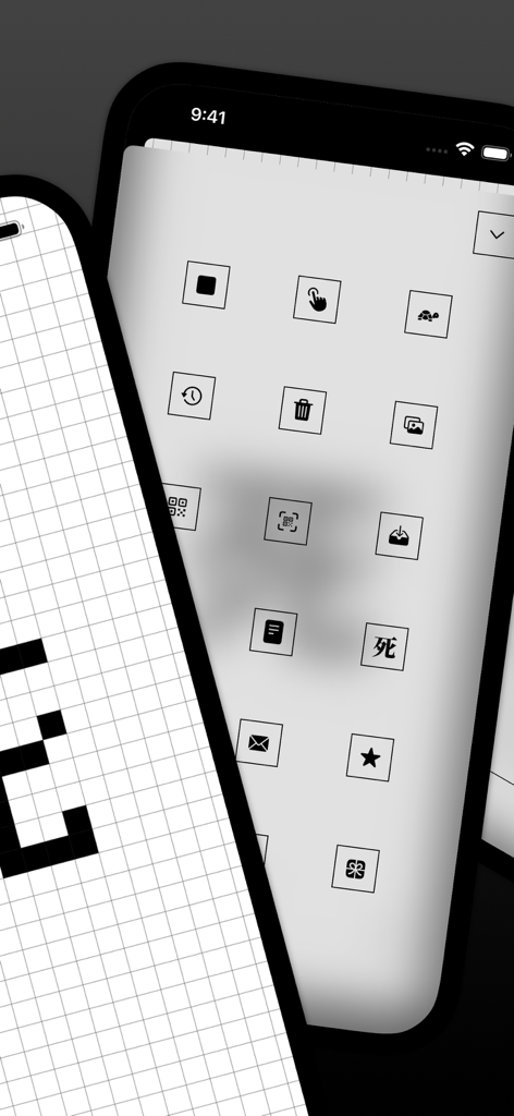 Alive or Dead: Game of Life - Interfaz móvil minimalista en blanco y negro para el Juego de la Vida que muestra una rejilla e íconos de control